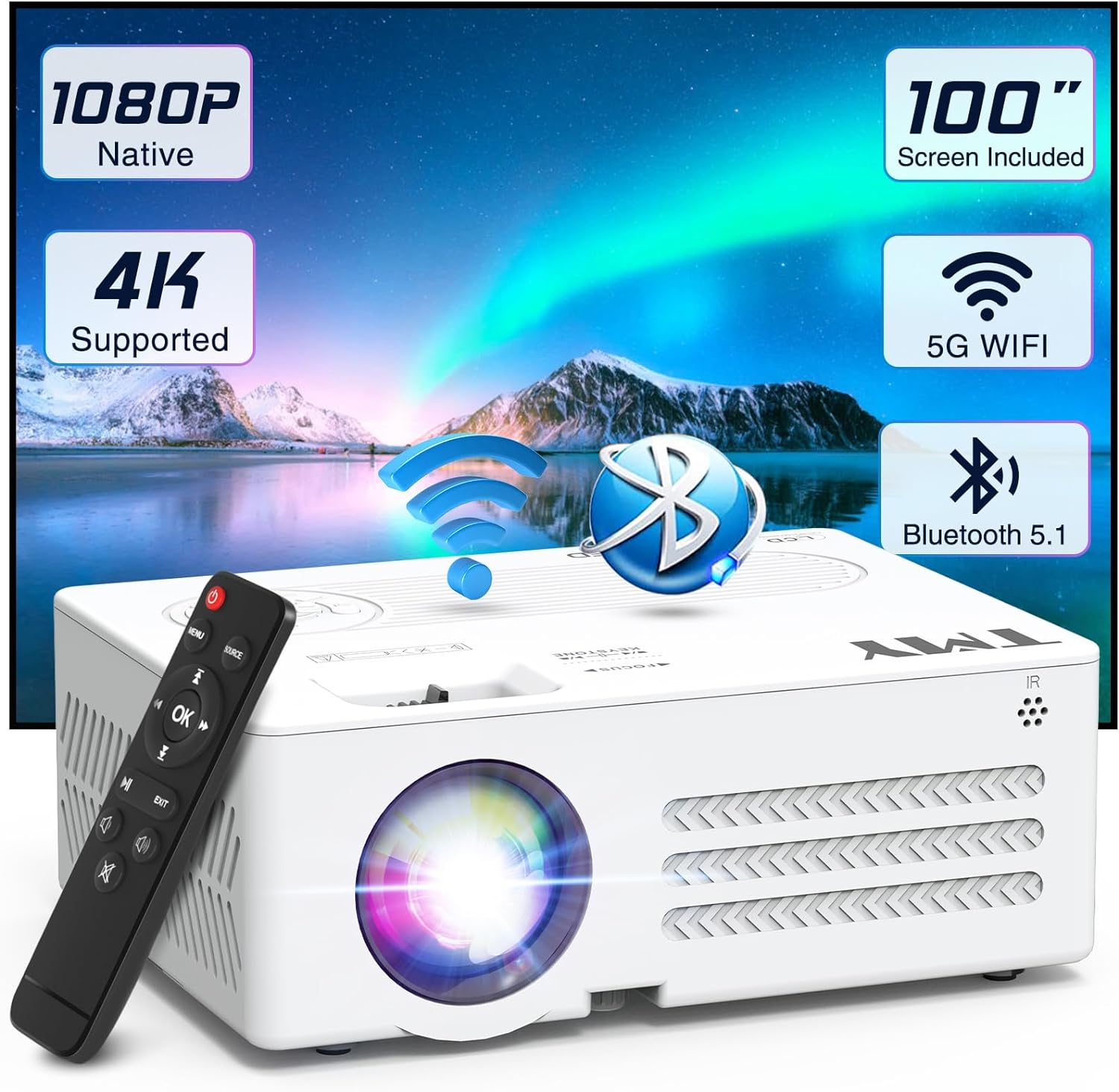 TMY Projector with WiFi and Bluetooth【100" screen included】Native 1080P Outdoo...