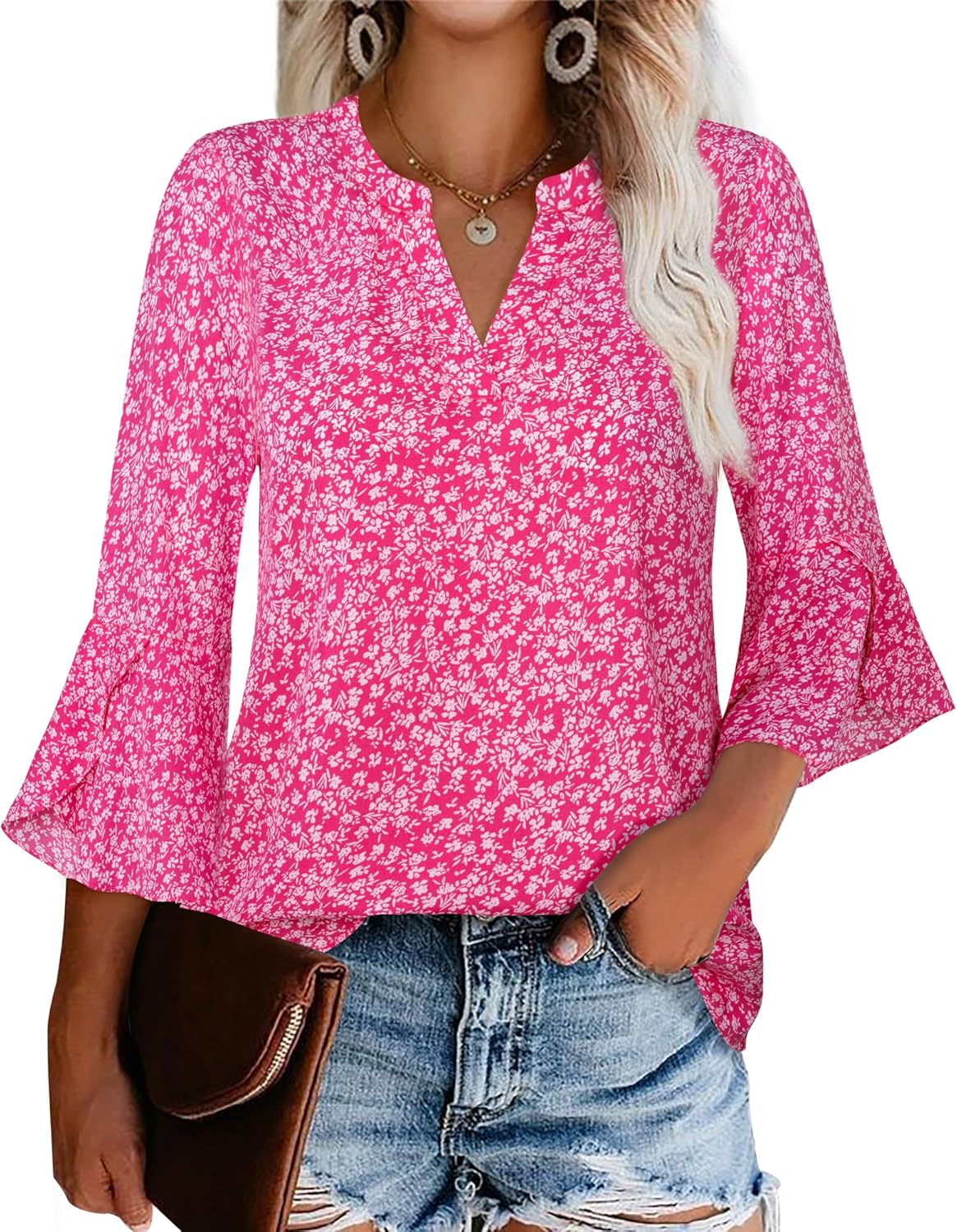 Gaharu Women's Work Blouses, Stylish Ruffle 3/4 Sleeve Dressy Top, Elegant V Nec...