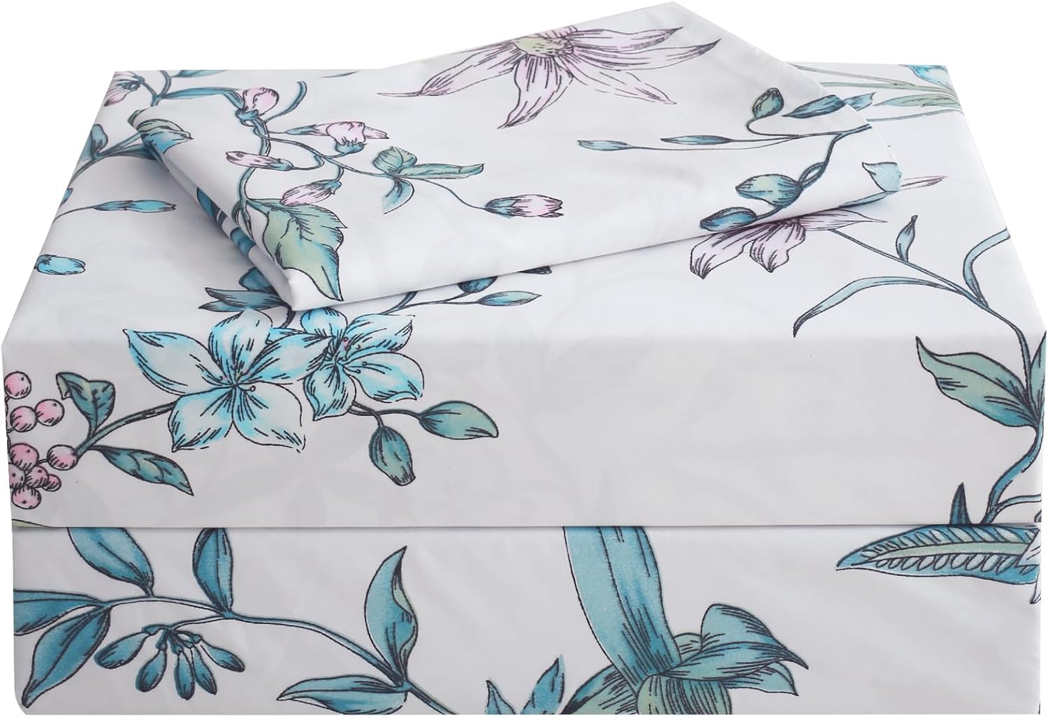JSD White Blue Floral Printed Sheet Set Twin Size, 3 Piece Botanical Microfiber...
