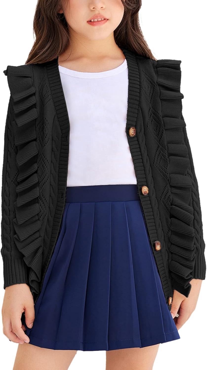 Arshiner Girls Cardigan Sweaters Ruffle School Uniform Sweater V Neck Button Fro...