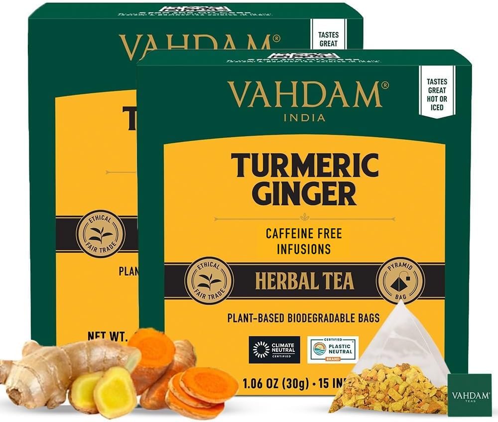 VAHDAM, Turmeric Ginger Herbal Tea Bags (30 Pyramid Tea Bags) Caffeine Free, Non...