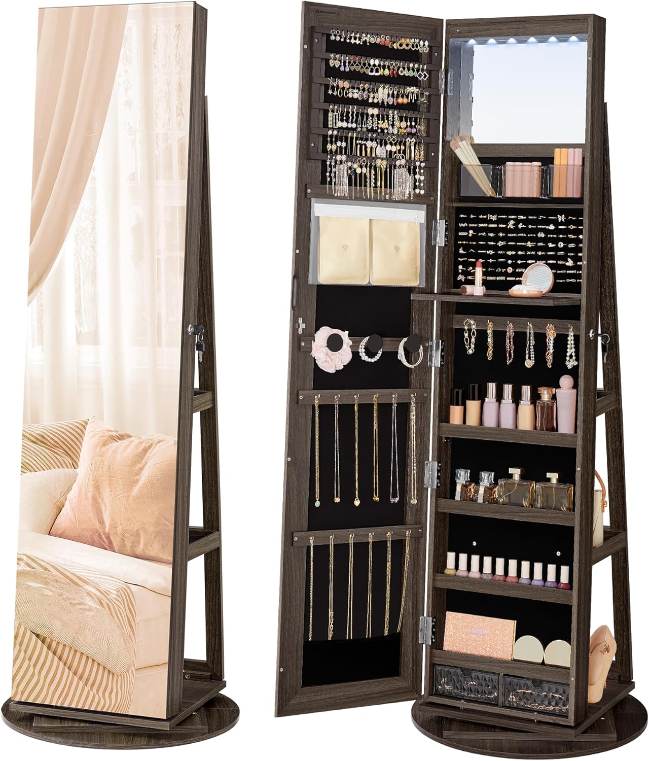 SONGMICS 6 LEDs Mirror Jewellery Cabinet, 360° Swivel Jewellery Storage Organise...