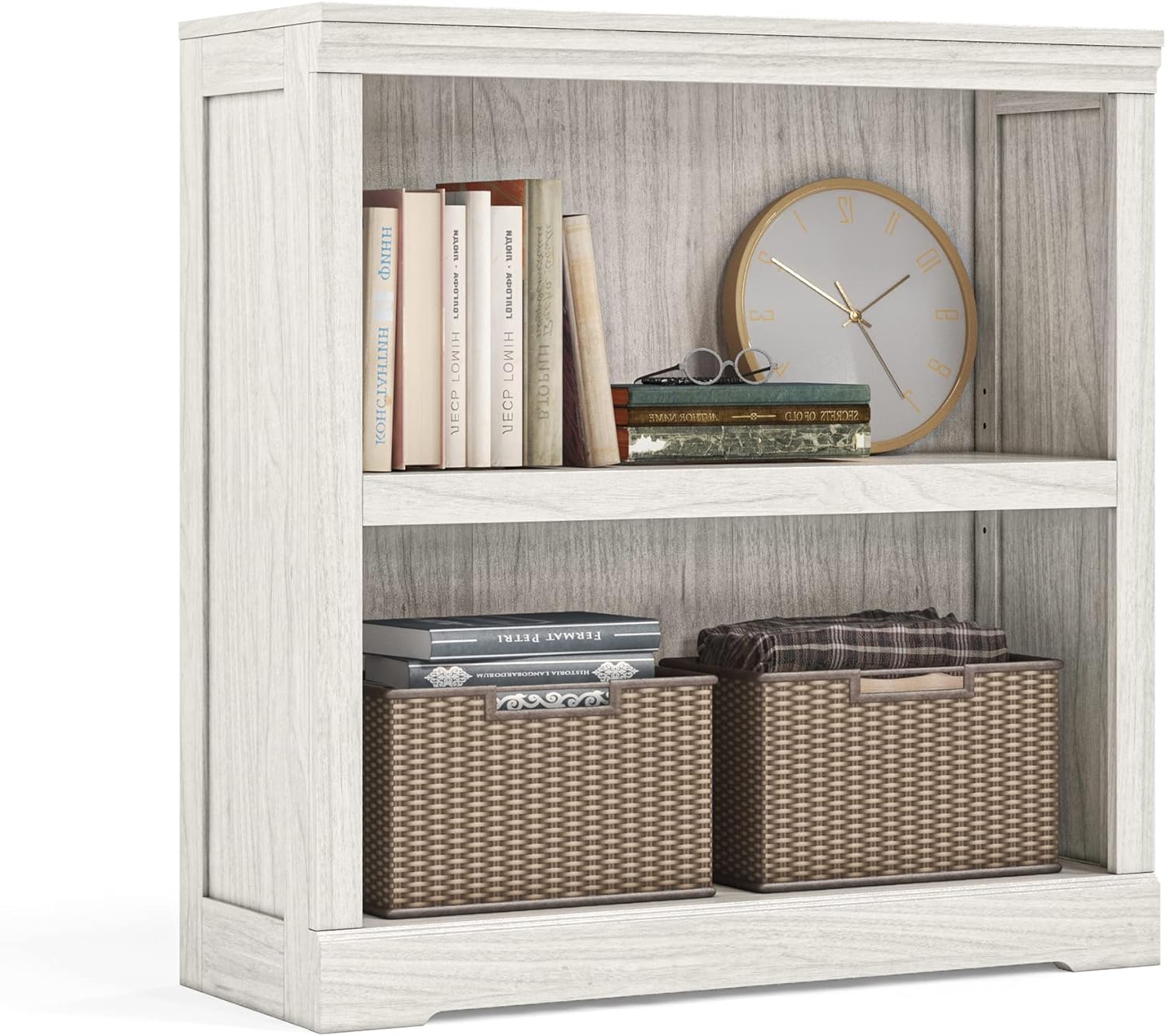 LINSY HOME 2-Tier Bookcase and Bookshelf, Small Wood Display Storage Shelves Far...