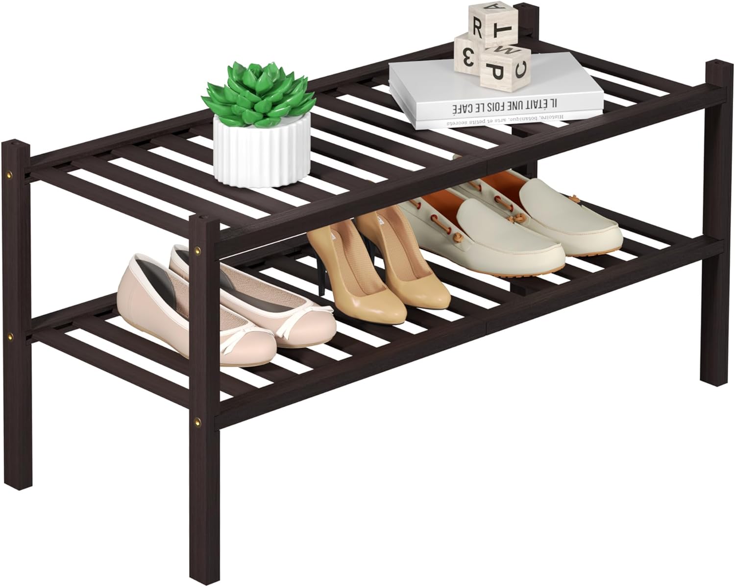 2 Tier Bamboo Shoe Rack for Closet Free Standing Wood Shoe Shelf for Entryway Sm...