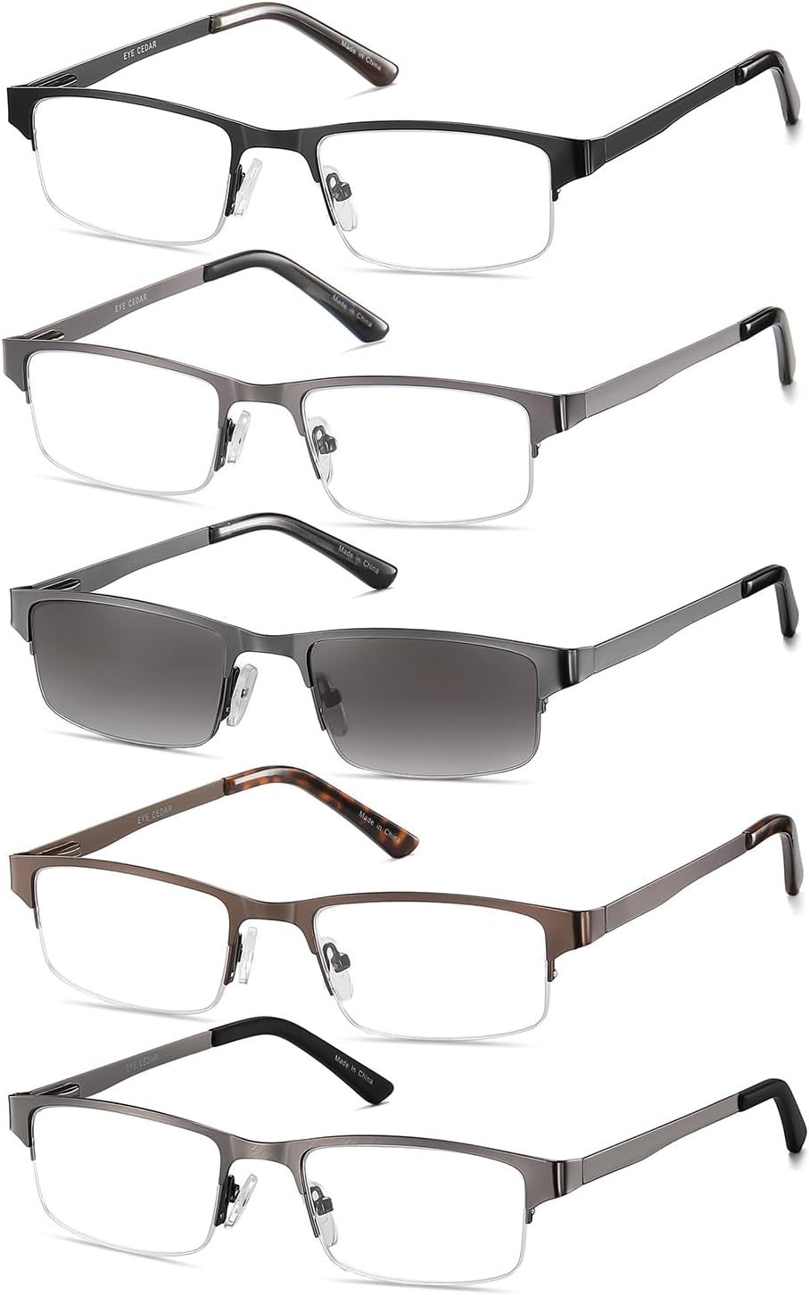 Eyecedar 5-Pack Reading Glasses Men Metal Half-Frame Rectangle Style Stainless S...