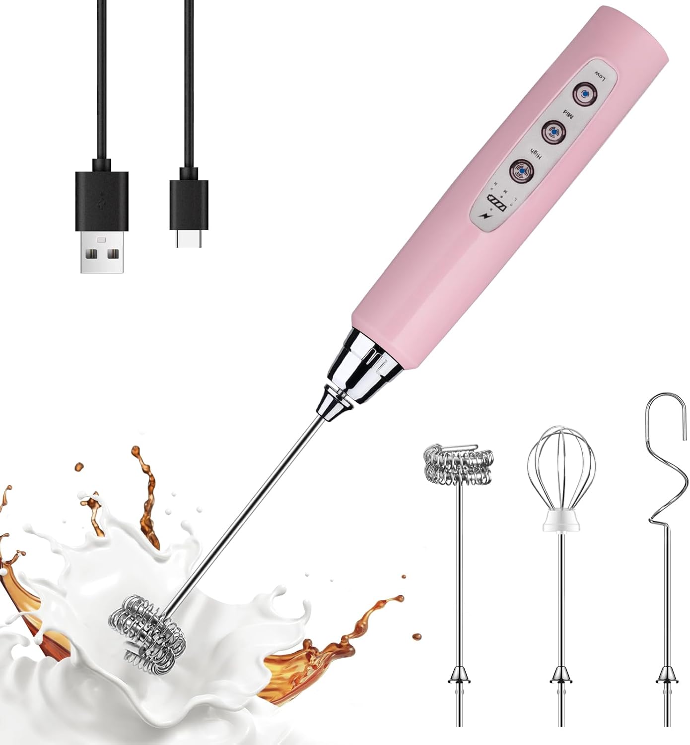YUSWKO Pink Milk Frother Handheld with 3 Heads, Coffee Whisk Drink Foam Mixer wi...