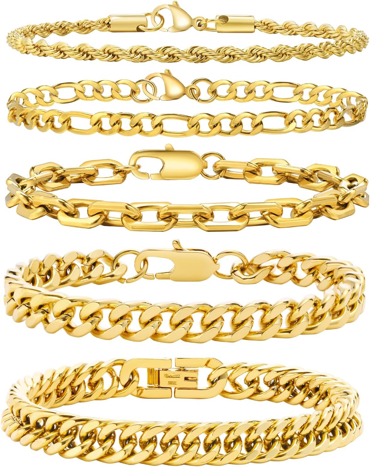 VNOX 5 Pcs Chain Bracelet for Men Women - Sturdy Stainless Steel Curb Width Cuba...
