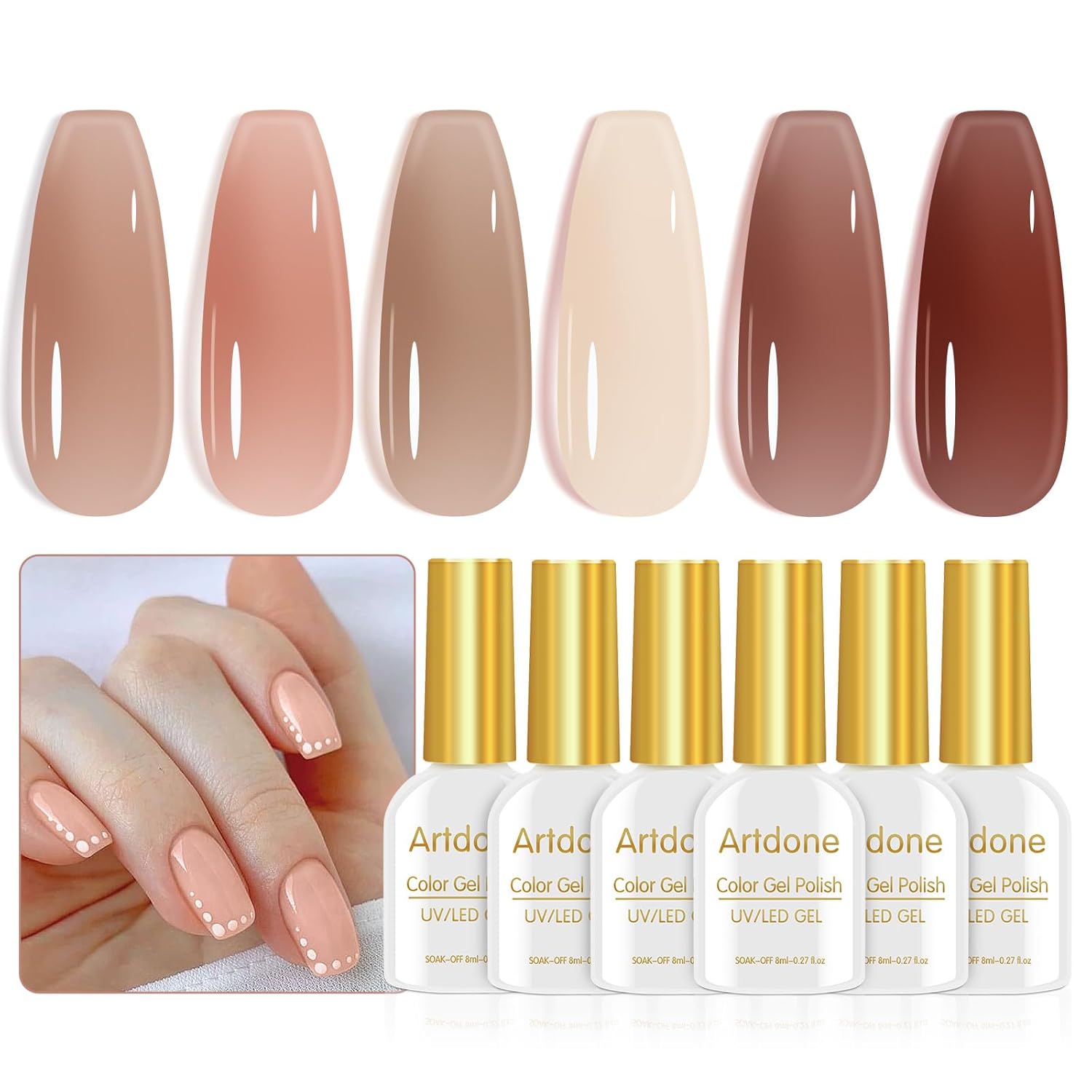 Artdone Sheer Gel Nail Polish Jelly Set - UV Gel 6 Colors Translucent Nude pink...