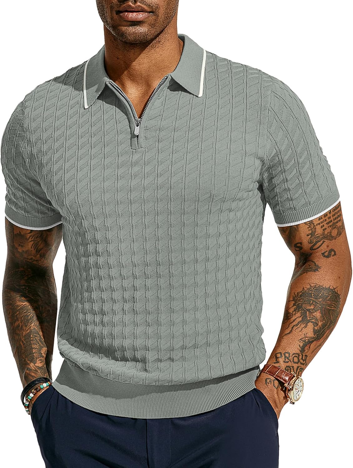 PJ PAUL JONES Men's Knit Polo Shirts Short Sleeve Quarter Zip Polo Shirt Medium...