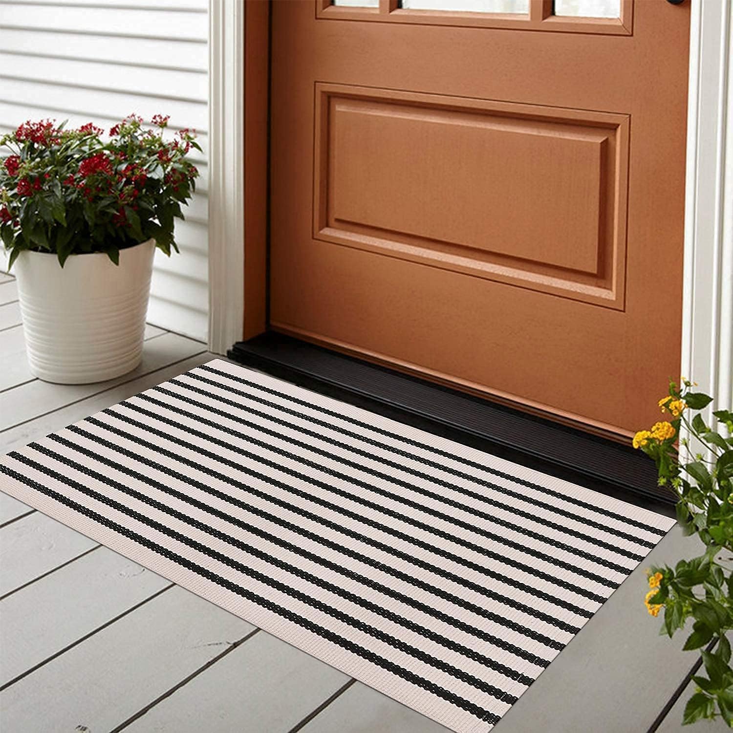 LEEVAN Black and White Striped Rug Doormat 24"x35" Washable Front Porch Rug Farm...