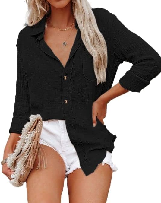 Women's Cotton Linen V Neck Button Down Shirt Long/Roll Up Sleeve Casual Collare...