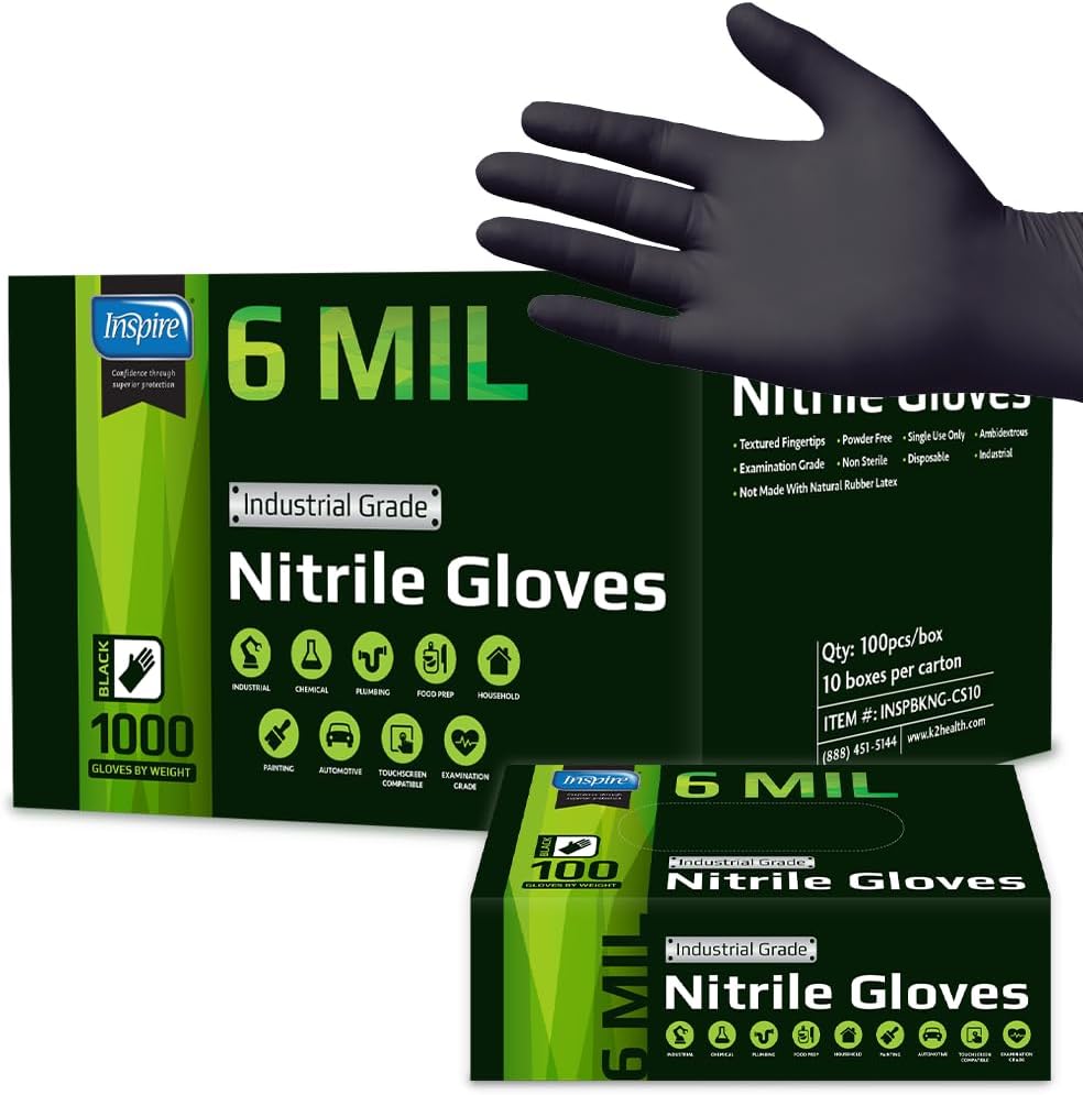 Inspire Black Nitrile Gloves HEAVY DUTY 6 Mil Nitr...