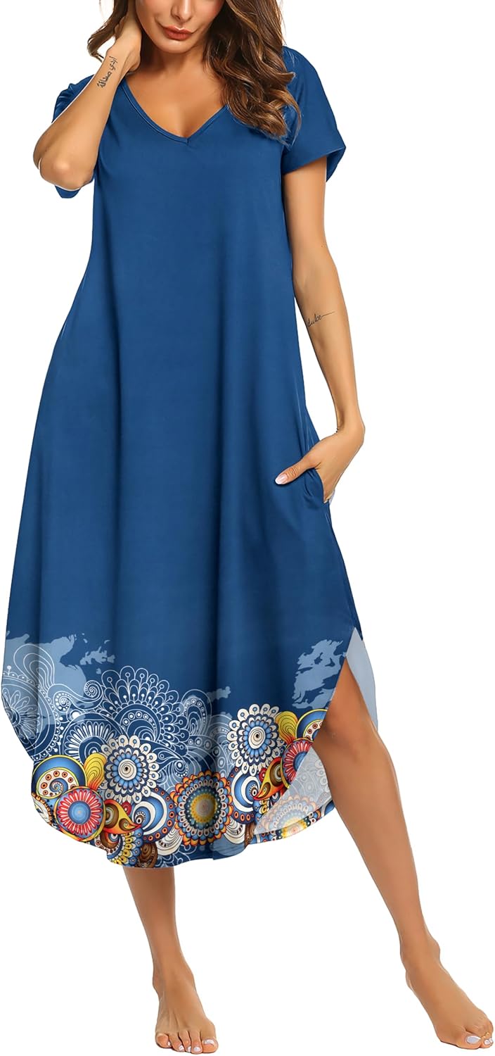 Ekouaer Nightgowns for Women V Neck Nightshirts Short Sleeve Soft Sleepwear Side...