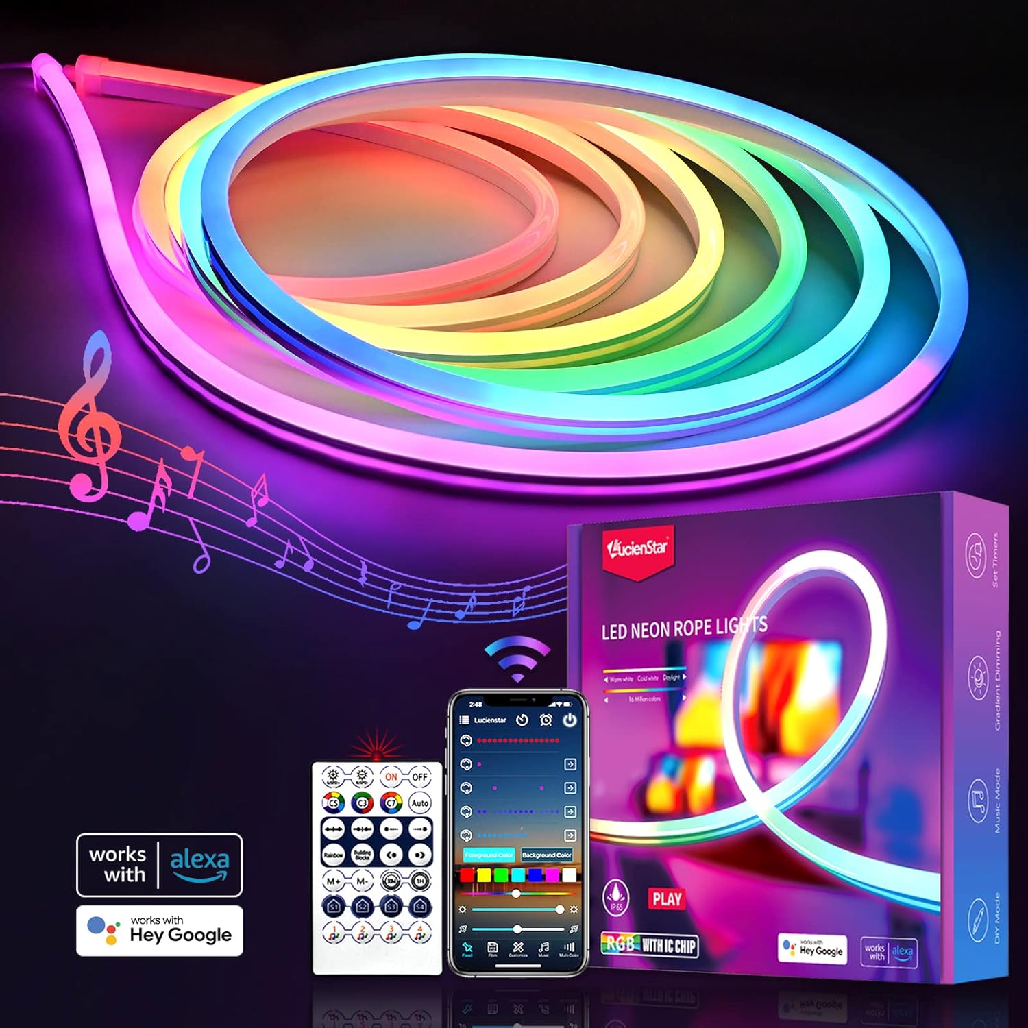 Lucienstar Neon Strip Lights - 3M RGBIC Neon Strip Lights with Music Sync,16 Mil...