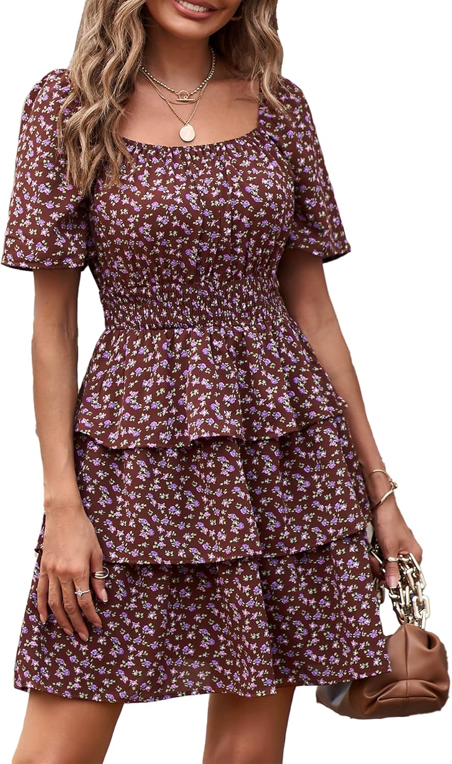 PRETTYGARDEN Women's 2024 Floral Summer Short Dress Square Neck Short Sleeve Tie...
