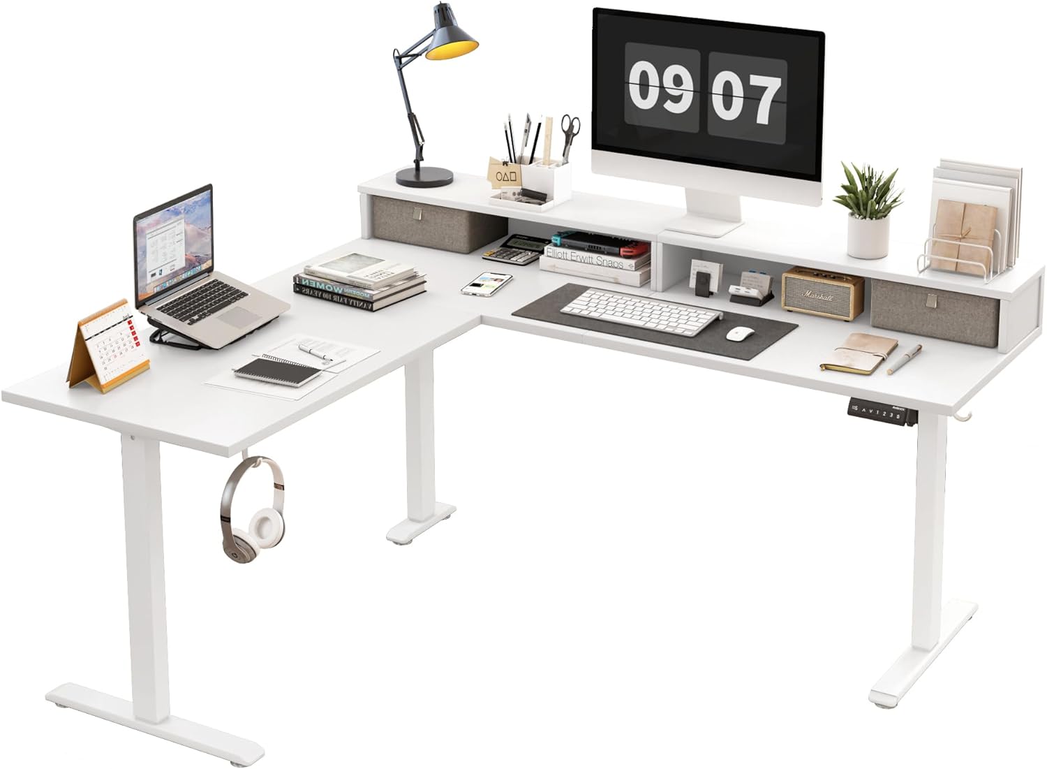 L Shaped Electric Standing Desk with 2 Drawers, 63 Inch Ergonomic Adjustable Hei...