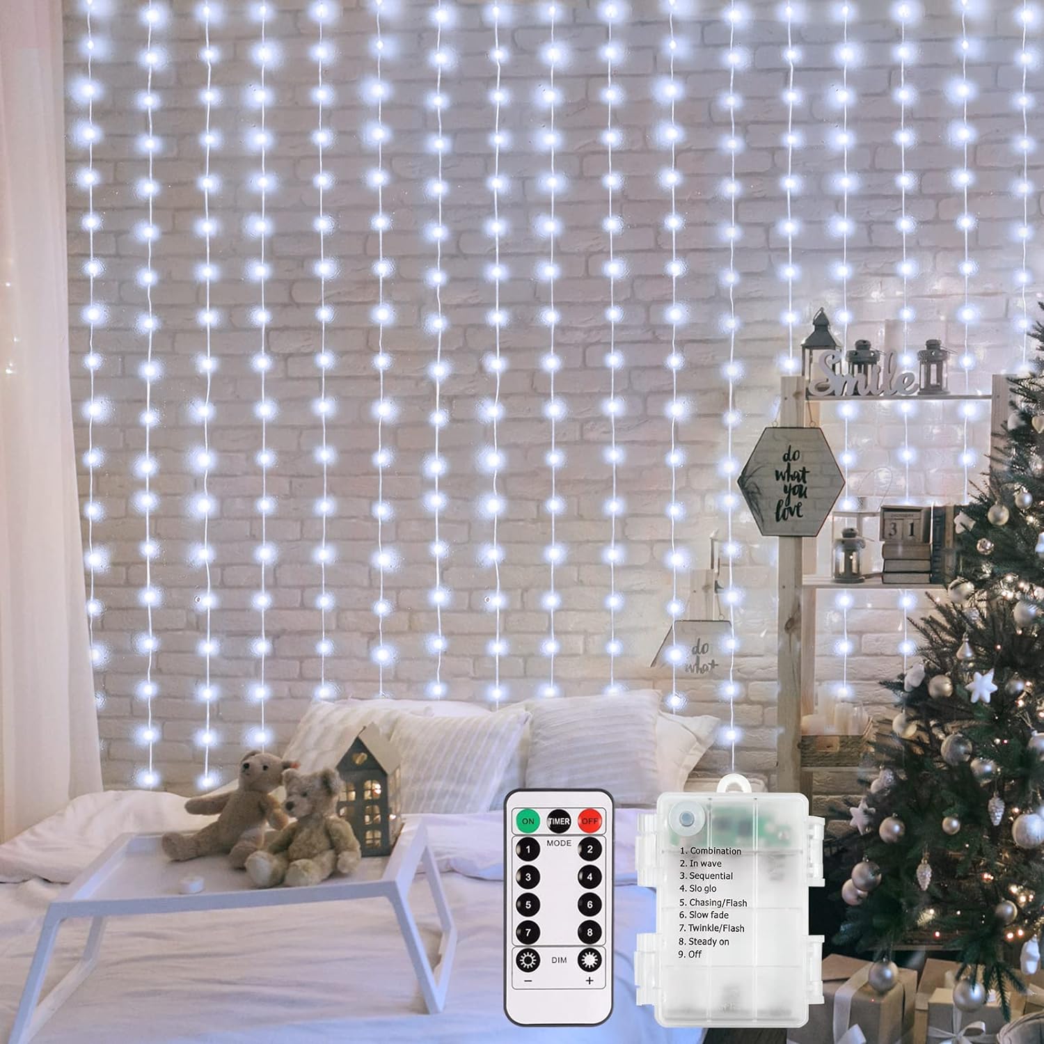 echosari Battery Operated Curtain String Lights, 6.6×6.6ft 200 LED Curtain Light...