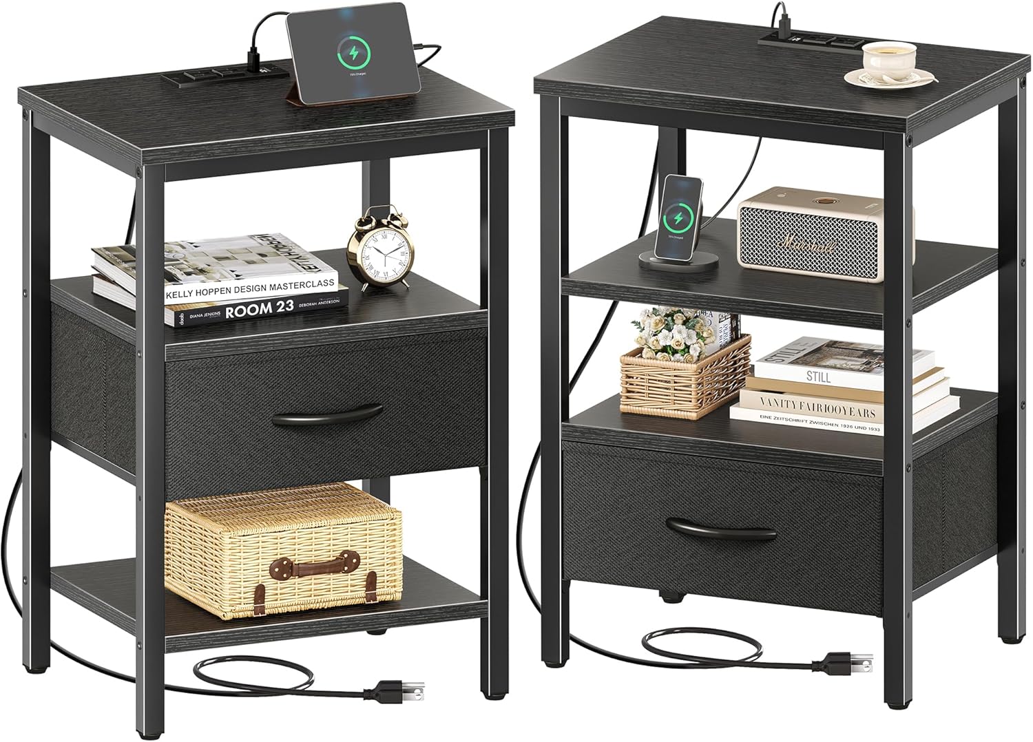SUPERJARE Nightstand Set of 2, Special Bed Side Tables with Charging Station, In...