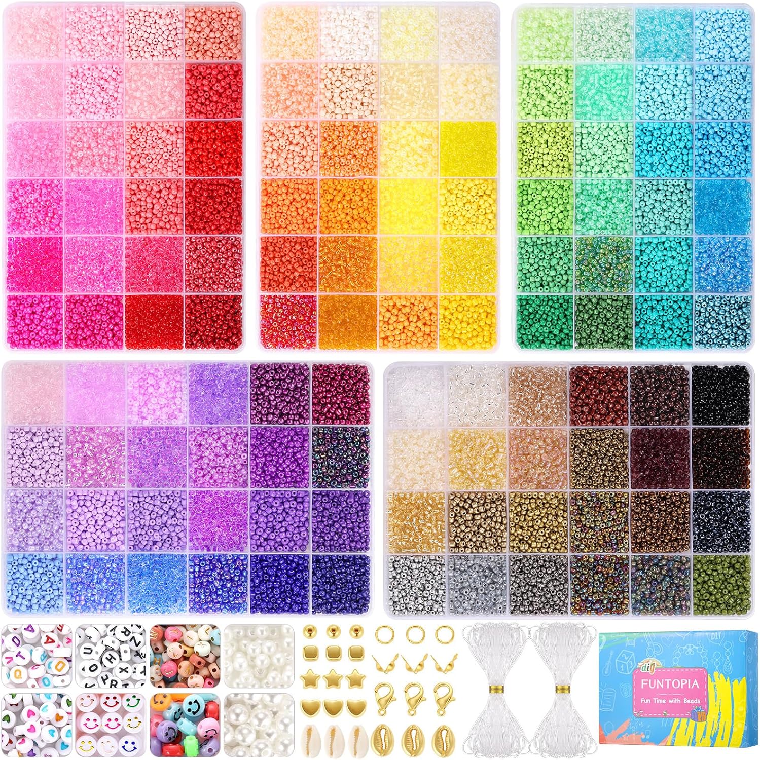 Funtopia 3mm 37000pcs+ Seed Beads for Jewelry Making, 120 Colors Small Glass Bea...