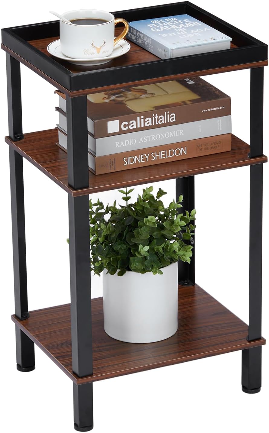 YEAKOO Side Table for Small Spaces,3 Tier End Table with Metal Tabletop Tray Sto...