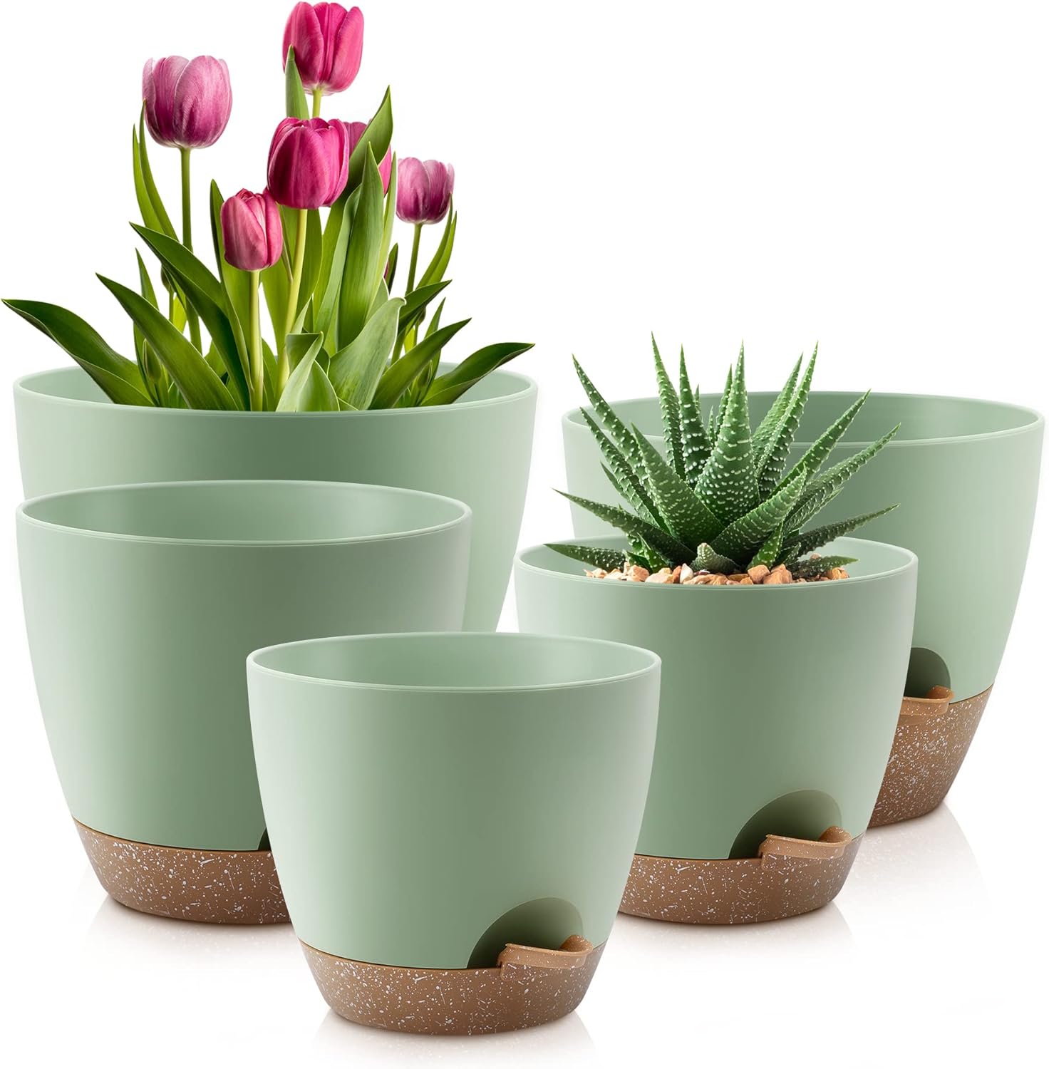 Plant Pots 10/9/8/7.5/7 Inch Self Watering Pots, Set of 5 Plastic Planters with...