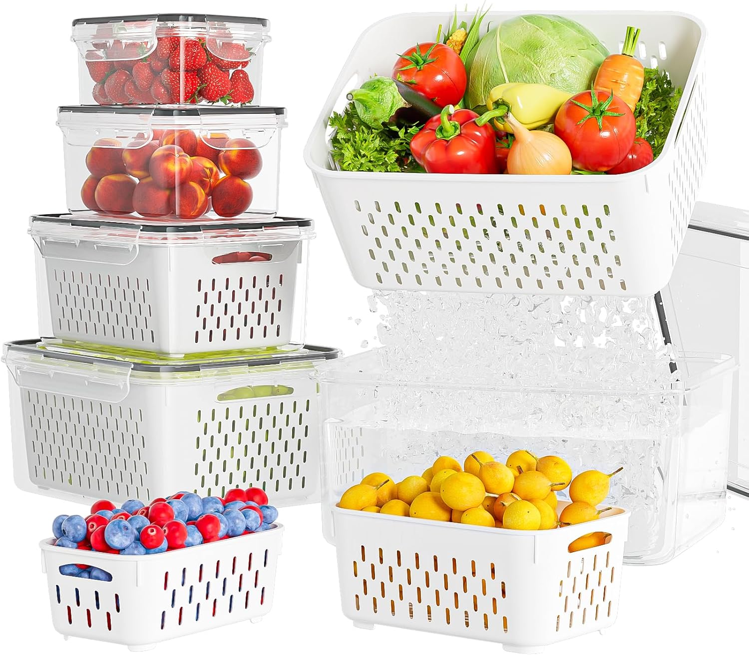 5 Pack Fruit Storage Containers for Fridge with Removable Colanders - Food Stora...
