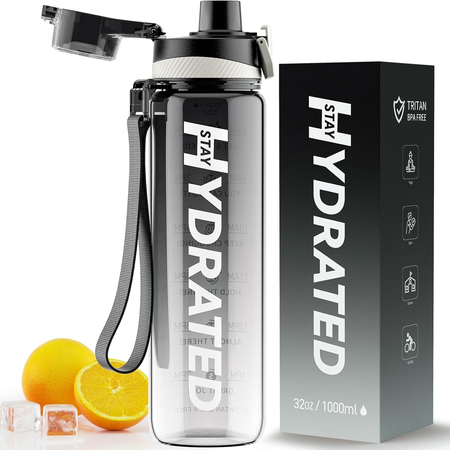Water Bottle, 32 oz Motivational Water Bottles with Time Marker-Tritan & BPA Fre...