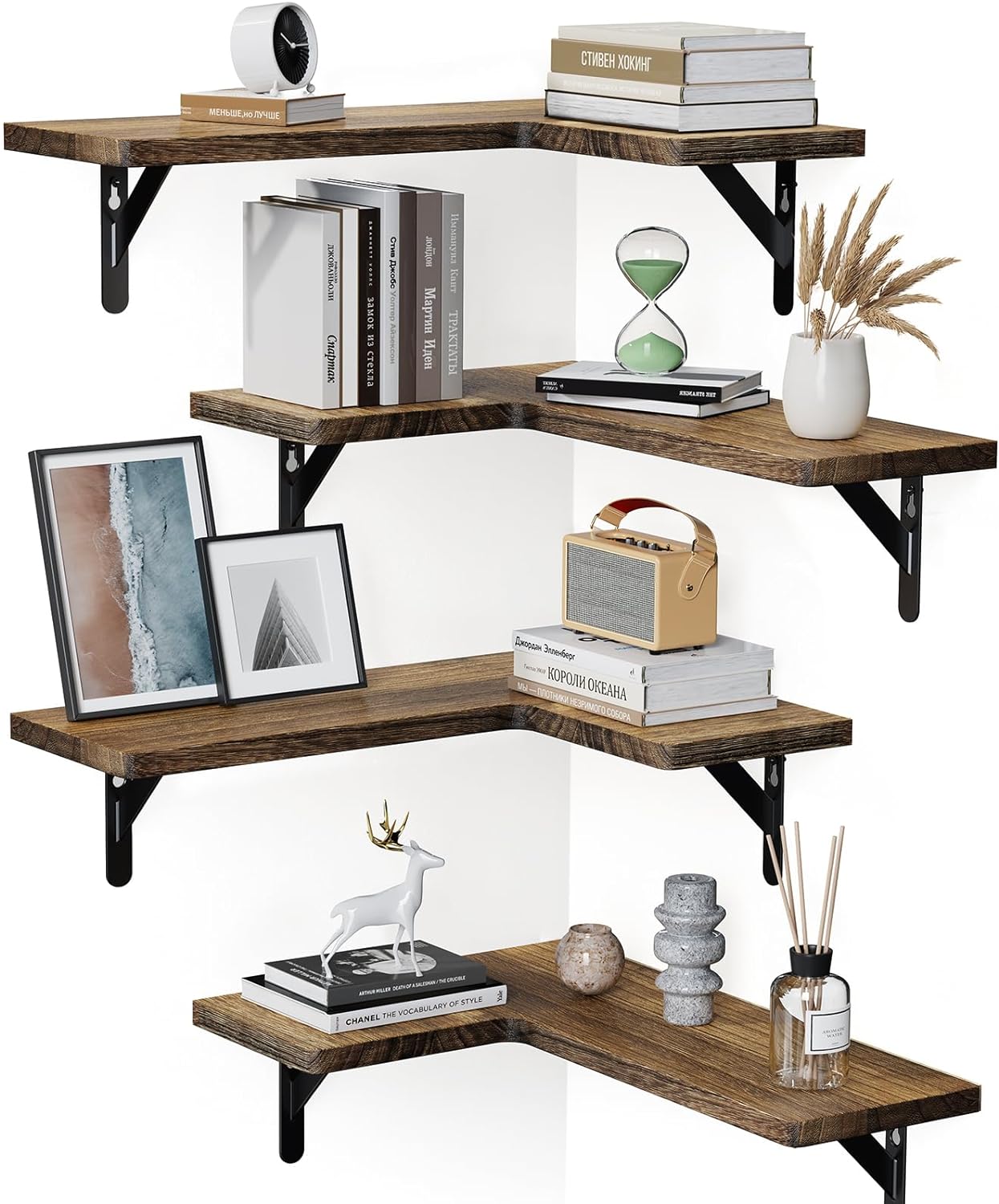 Amada HOMEFURNISHING Corner Floating Shelves, Set of 4 Corner Wall Shelves, Shel...
