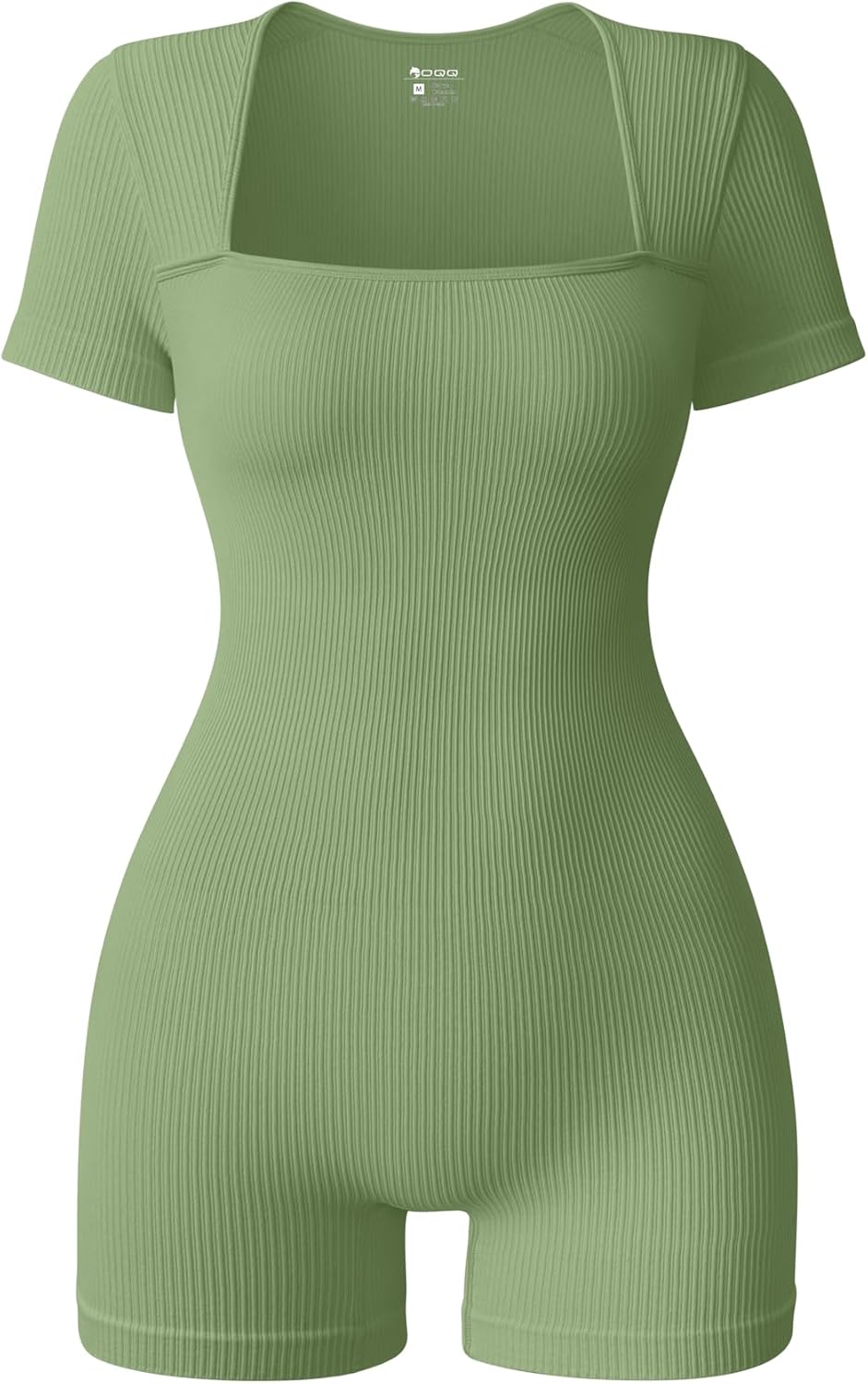OQQ Women Short Sleeve Rompers Yoga Stretch Square Neck Exercise Rompers Pea Gre...