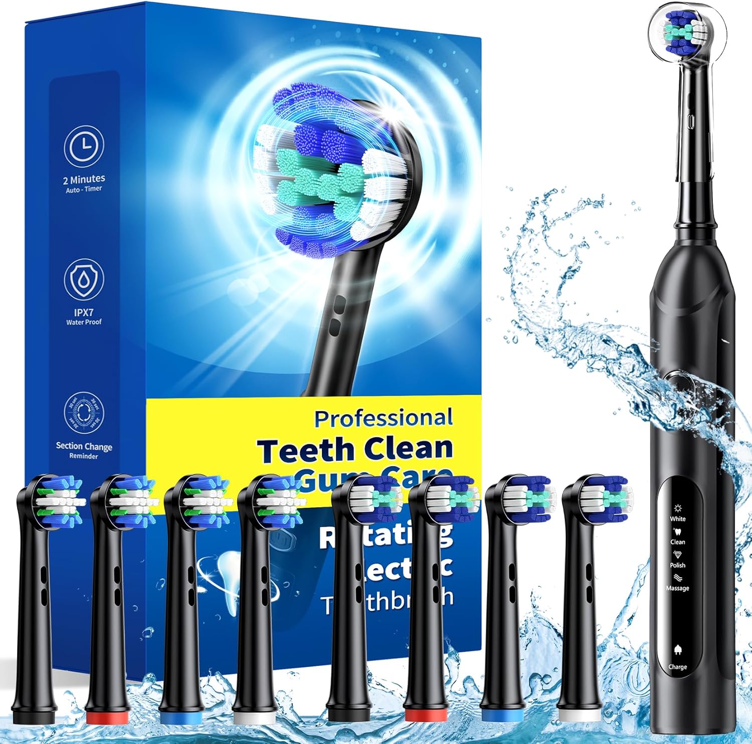 Rotating Electric Toothbrush for Adults with 8 Brush Heads (2 Types), 4 Modes De...