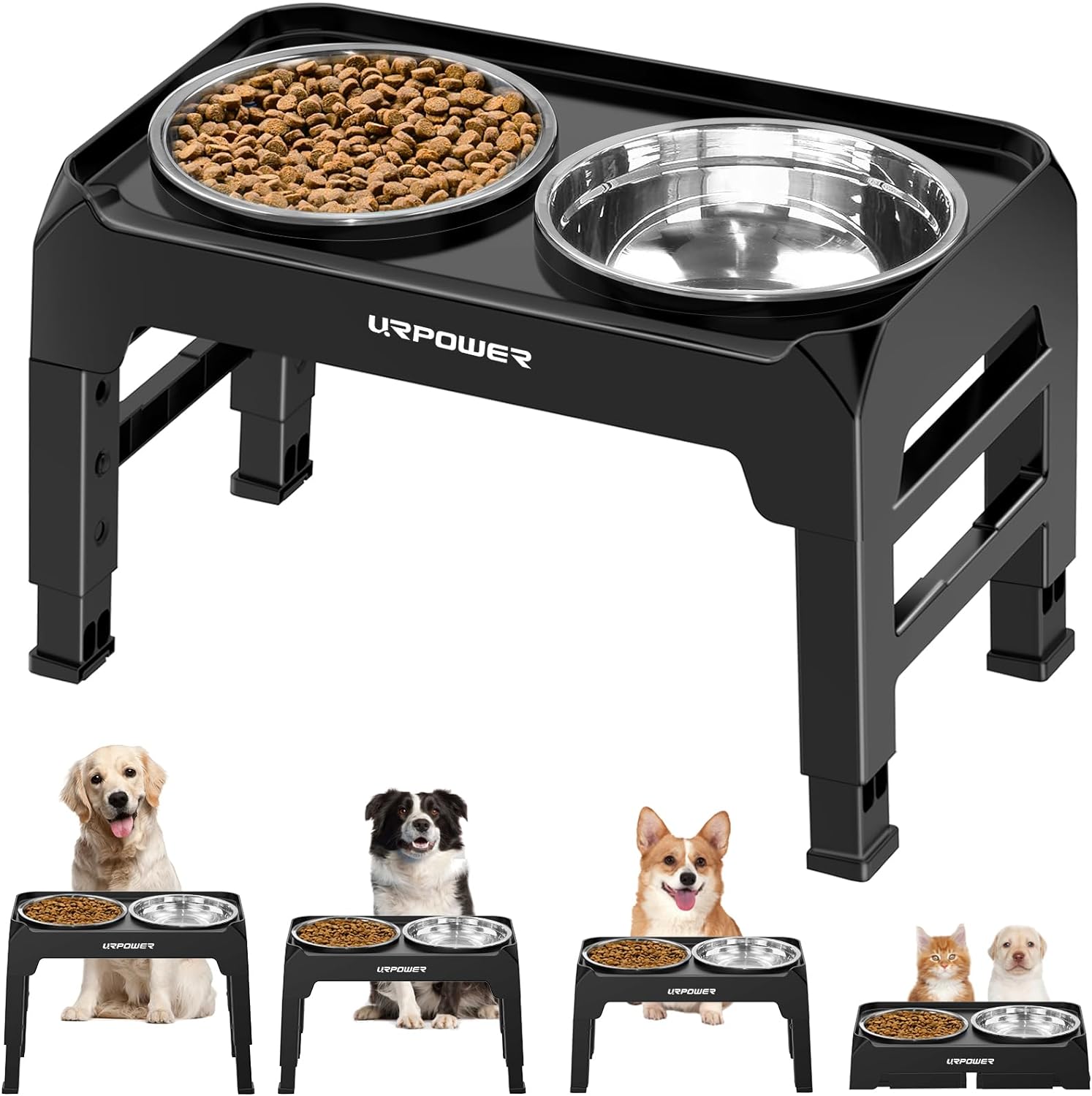 URPOWER Elevated Dog Bowls 4 Height Adjustable Raised Dog Bowl with No Spill Edg...