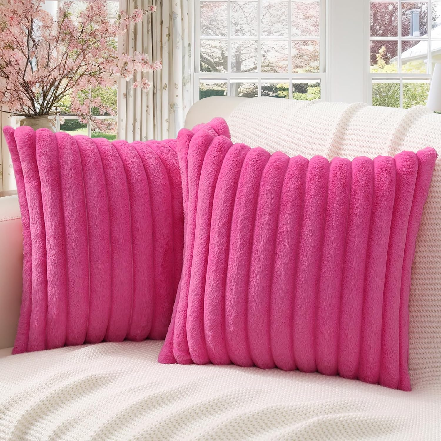 Pallene Faux Fur Plush Throw Pillow Covers 24x24 Set of 2 - Luxury Soft Fluffy S...