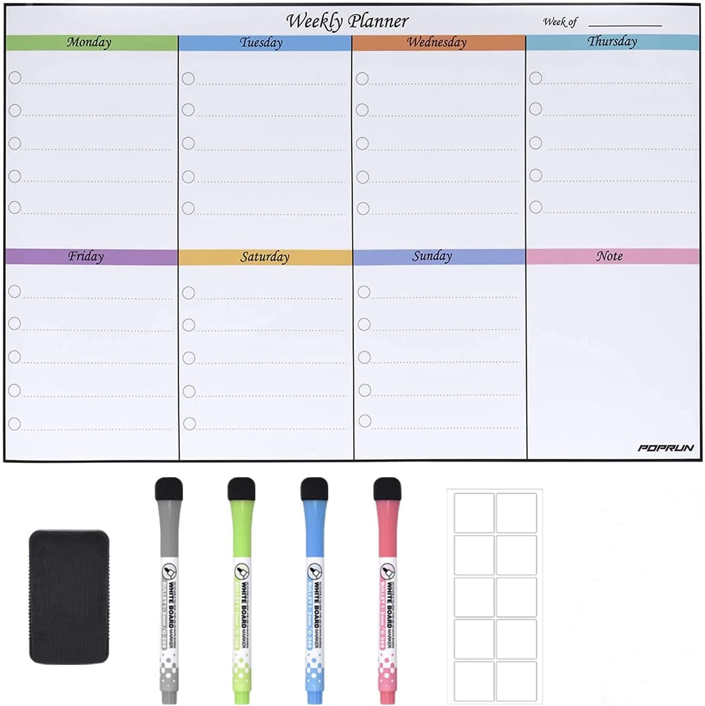 POPRUN 43×28cm Weekly Planner Whiteboard Calendar for Wall and Glass, Non-Magnet...