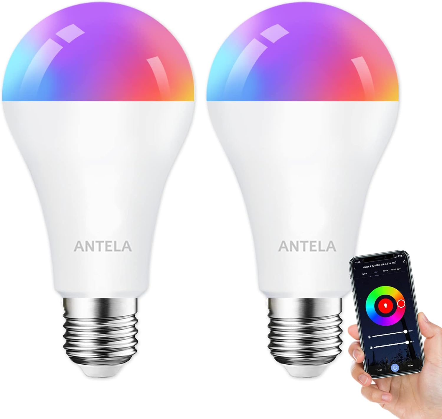 ANTELA Smart Bulb E27 A65 12W 1320LM Alexa WiFi Light Bulbs, 2700K-6500K RGB Dim...