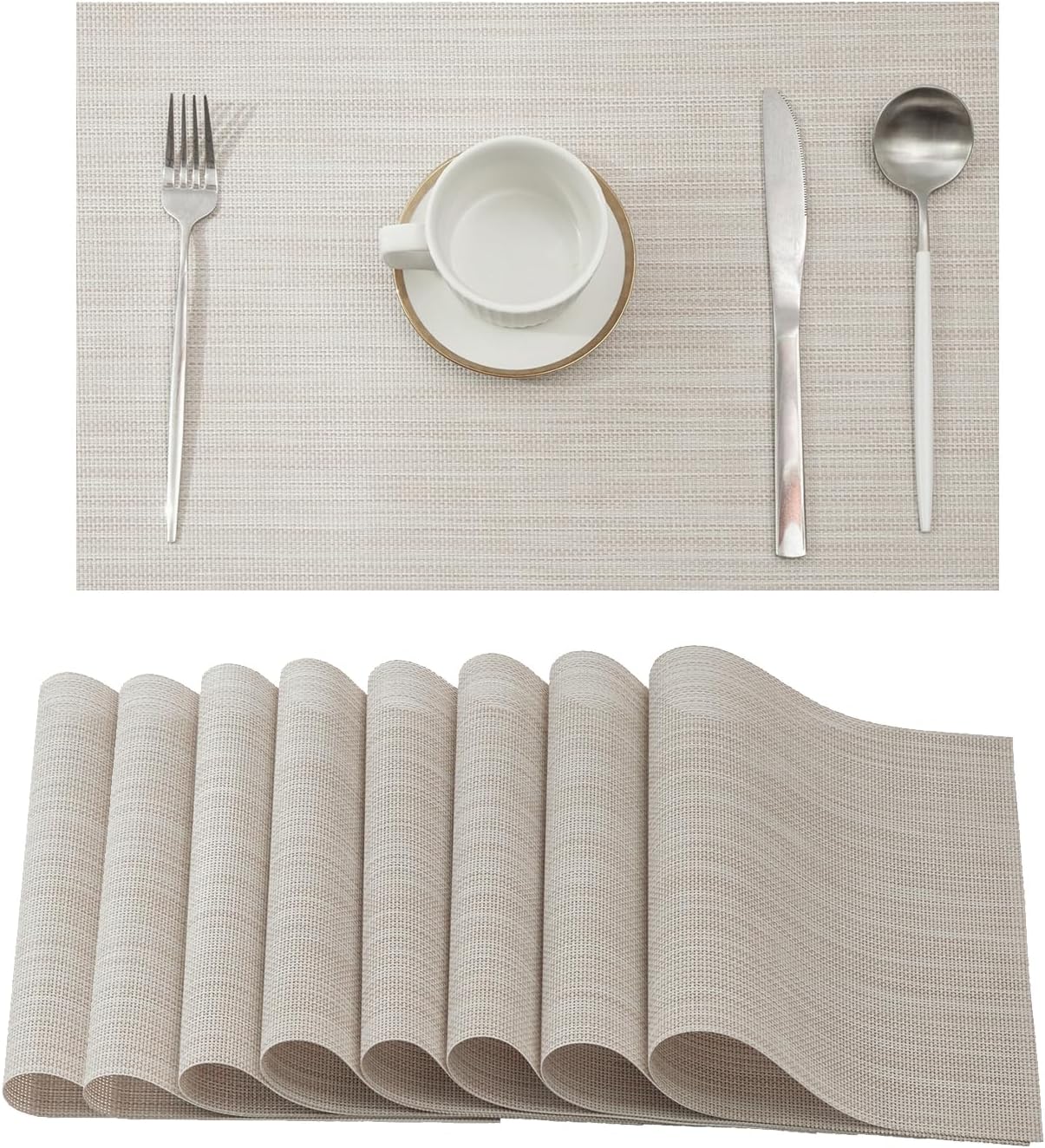 Leetaltree Beige White Placemats, Special Non-Slip Place Mats Set of 8, Heat Res...