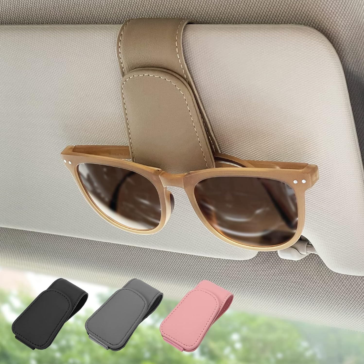 Magnetic Leather Sunglass Holder, Eyeglass Hanger Clip for Car Sun Visor, Suitab...