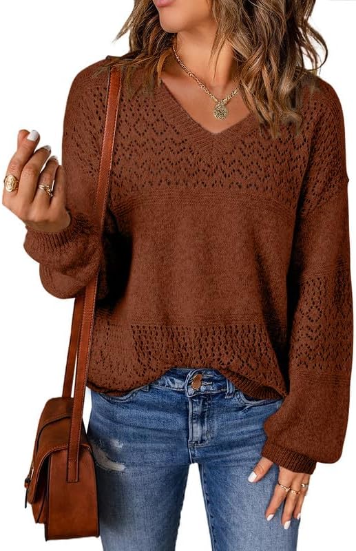 SHEWIN Womens Sweaters Casual Long Sleeve V Neck L...