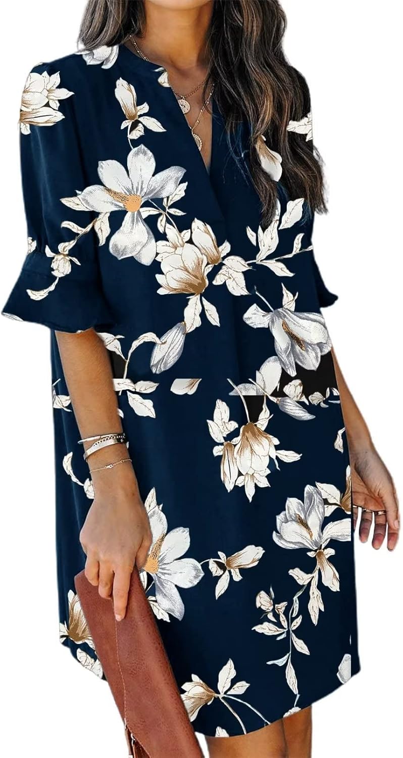 QACOHU Summer Dresses for Women V Neck Ruffle Short Sleeve Casual Shift Dress Sm...