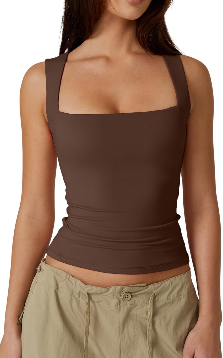 QINSEN Women's Square Neck Sleeveless Tank Tops, Special Double-Layer Basic Tigh...