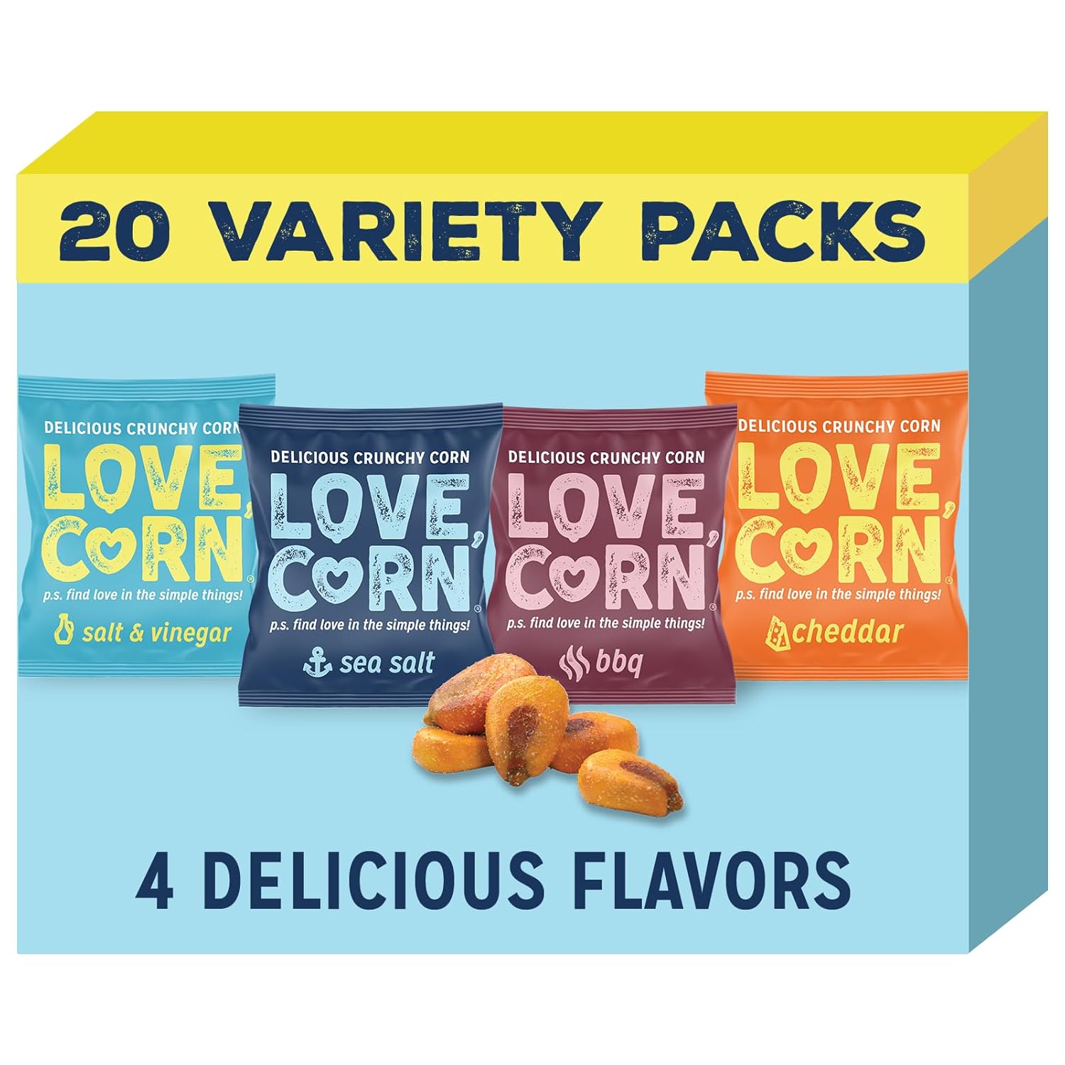 LOVE CORN Family Favorite - Sea Salt, BBQ, Salt & Vinegar, Cheezy 0.7oz x 20 - D...