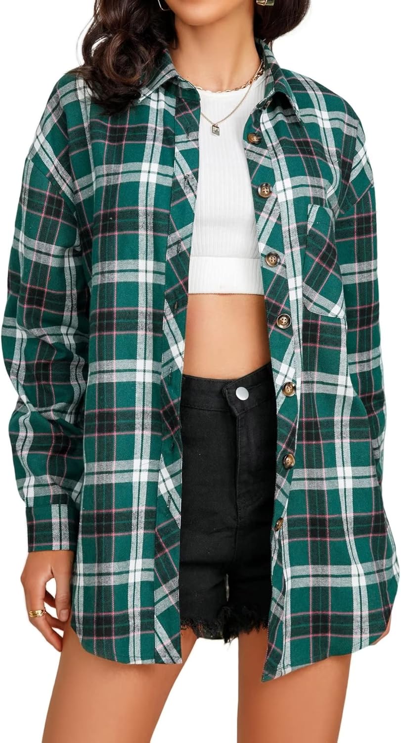 Lacozy Womens Buffalo Plaid Flannel Shirt, Special Long Sleeve Collar Button Dow...