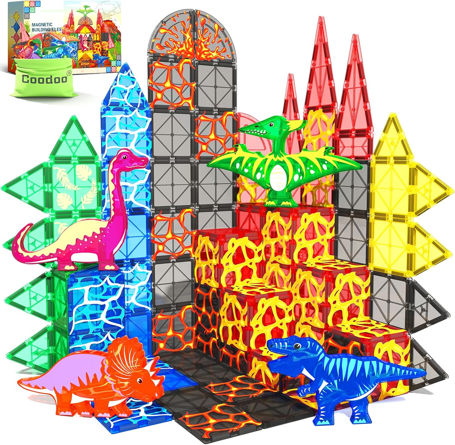 Dinosaur Toys Magnetic Tiles Lava Dinosaur World Set - Kids Games for 3+ Year Ol...
