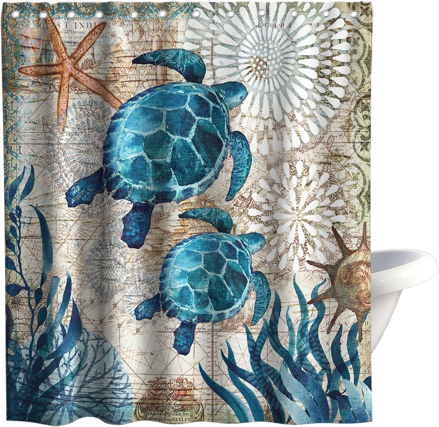 Nautical Shower Curtain Teal Sea Turtles Theme Fabric Beach Bathroom Blue Ocean...