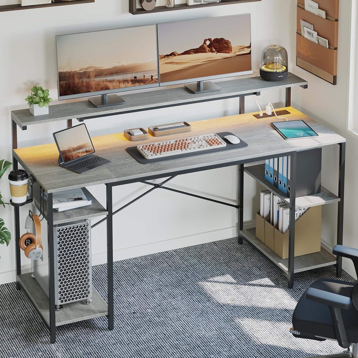 Bestier Computer Desk with Reversible Power Outlets, 55 inch LED Gaming Desk wit...