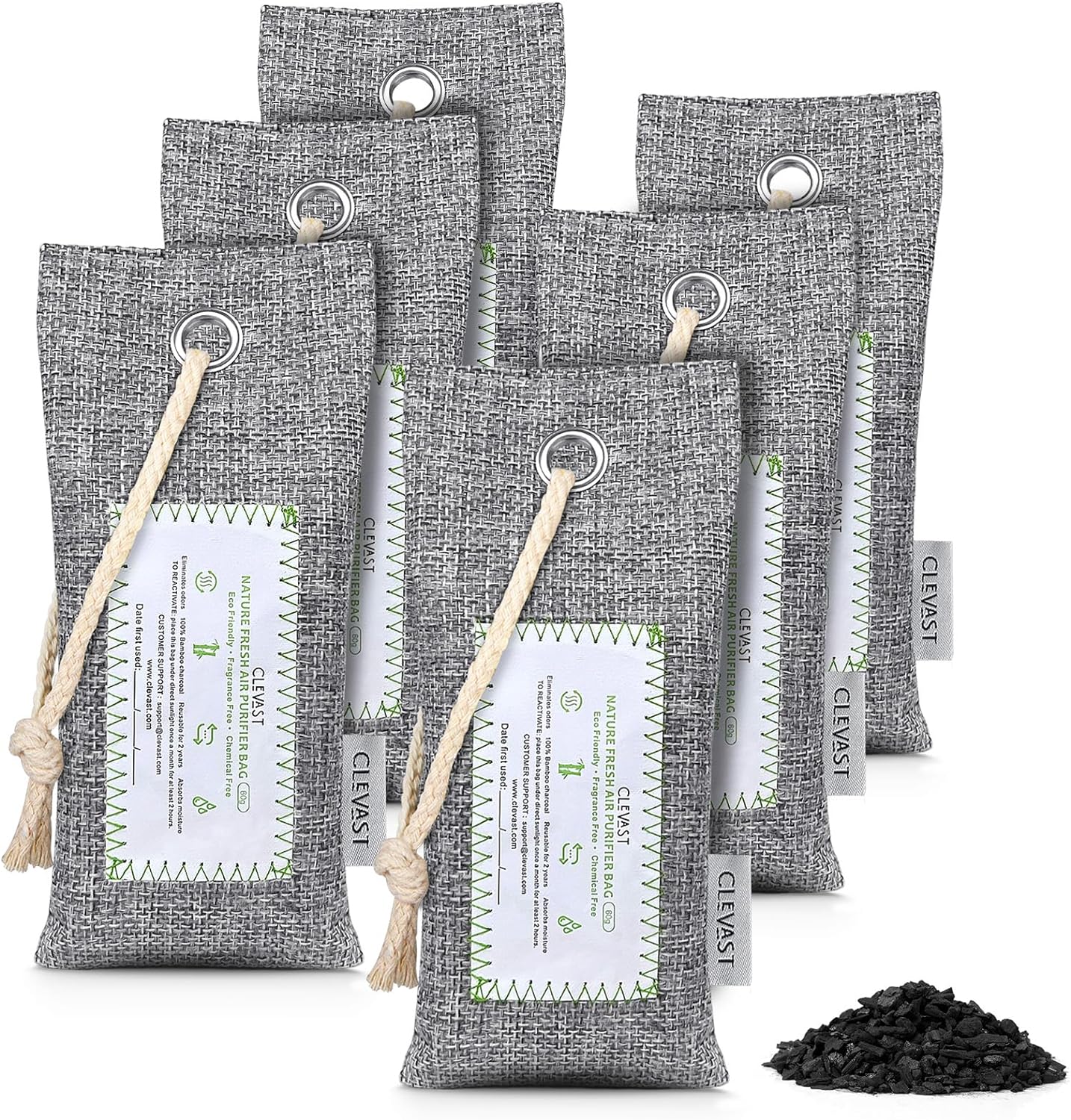 CLEVAST 6 Pack Activated Bamboo Charcoal Air Purifying Bags(6x60g), Natural Fres...