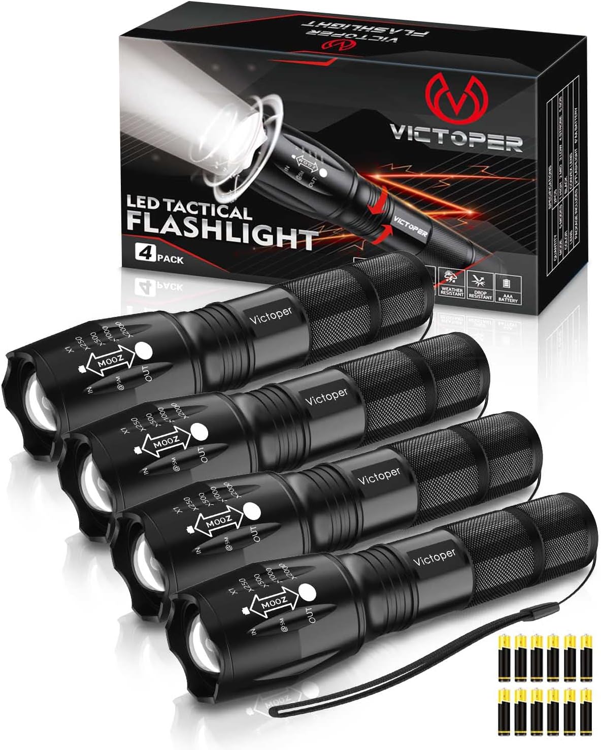 Victoper LED Flashlight 4 Pack, Bright 2000 Lumens Tactical Flashlights High Lum...