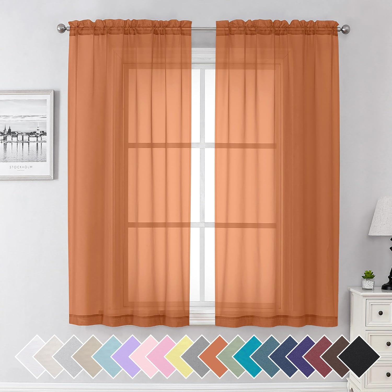 Orange Sheer Curtains 63 Inch Length 2 Panels Set,...