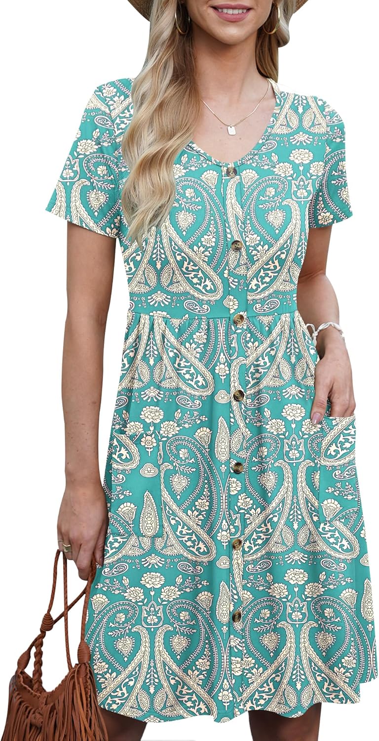 AUSELILY Womens Summer Dress Short Sleeve Knee Length Dress Casual Empire Dress...