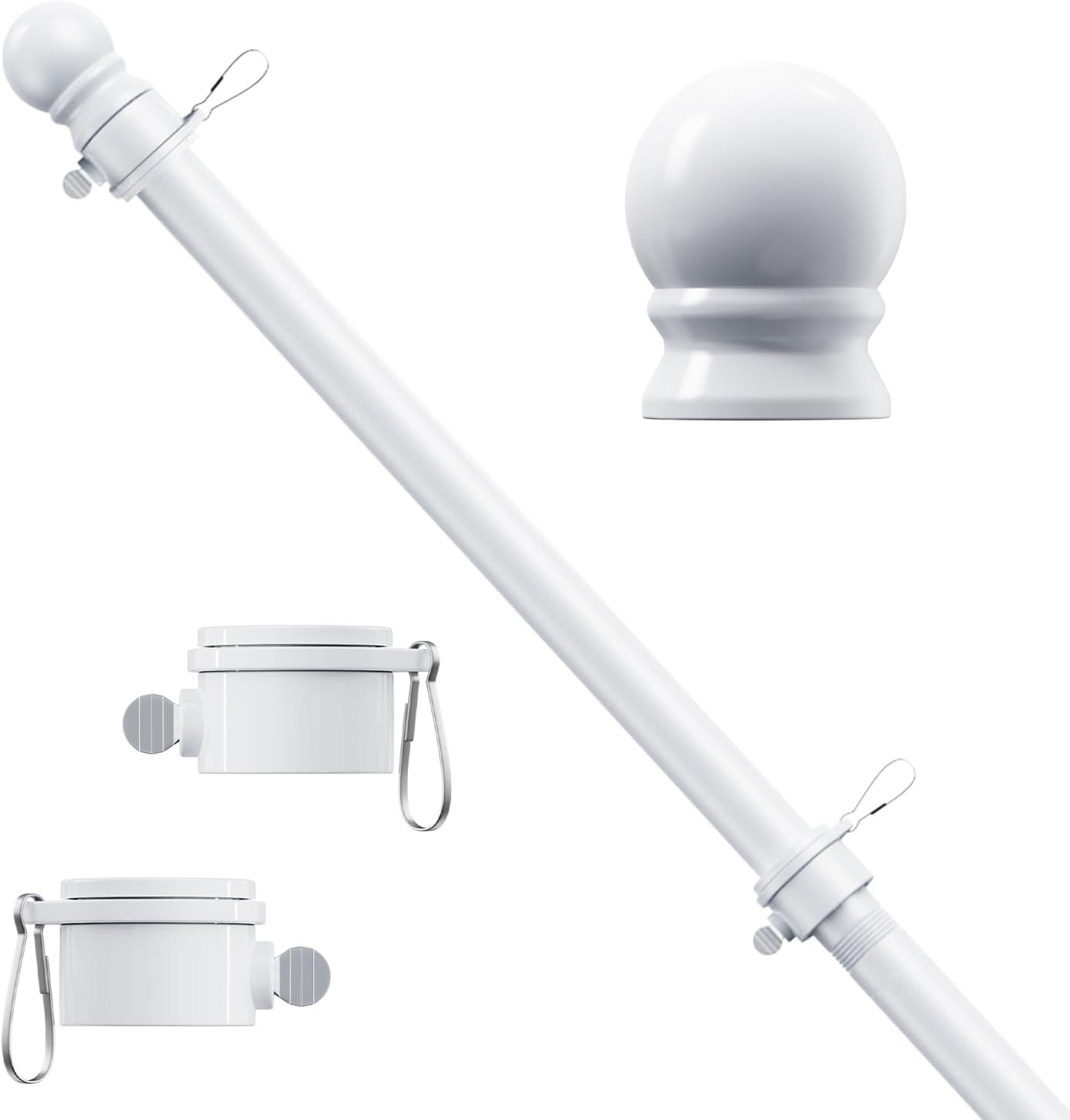 5 FT White Flag Pole, Tangle Free Spinning Stainless Steel Weather Resistant Rus...