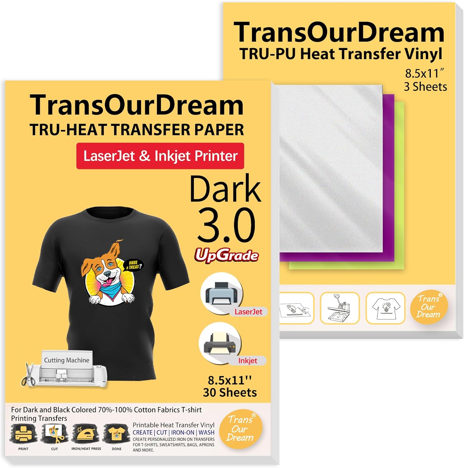 TransOurDream Tru-Heat Iron on Transfer Paper for Dark Fabric (30+3 Sheets, 8.5x...